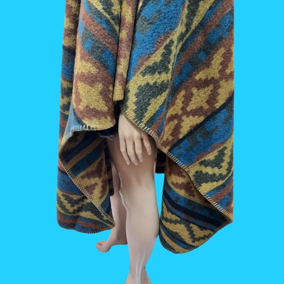 Vintage 90s Wool Blanket Coat Wrap Cape Poncho Southwestern Aztec One Size Boho - Picture 4 of 6